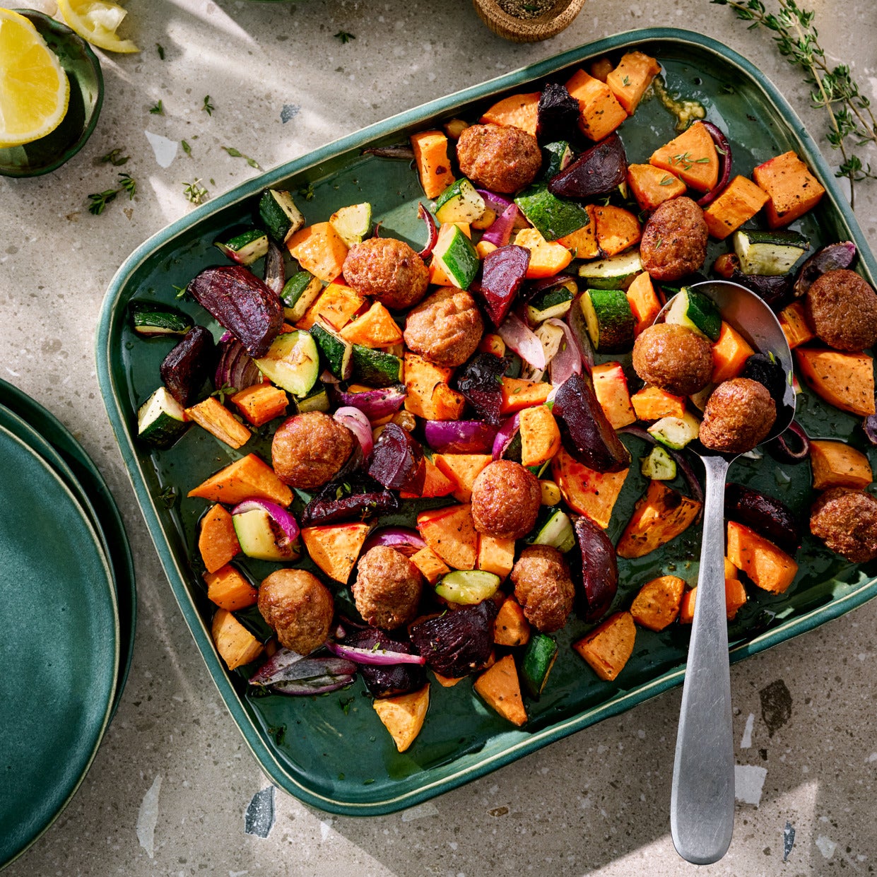 Traybake winter salad with vegan balls