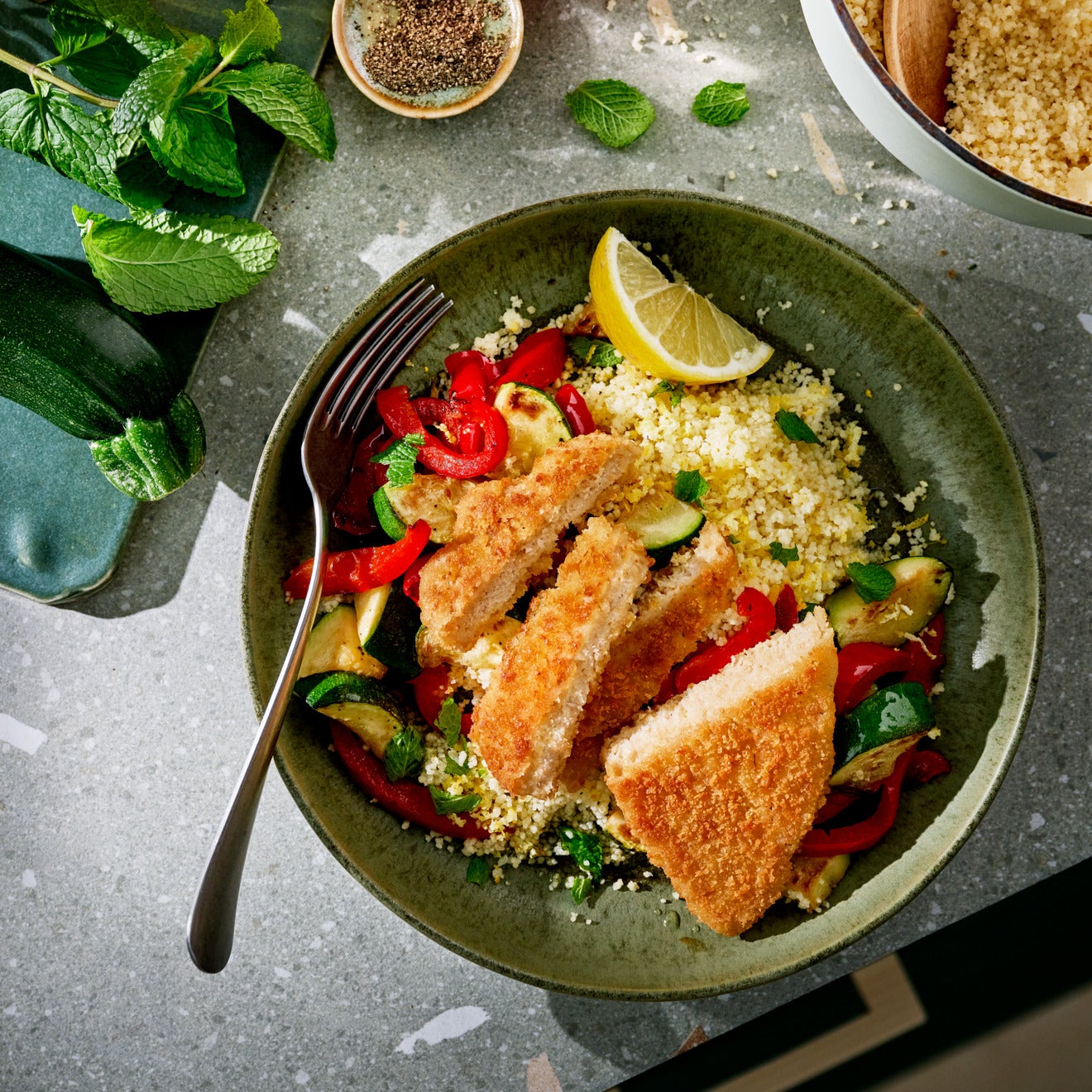 Lemon Couscous with Veggies and Vegan Schnitzel