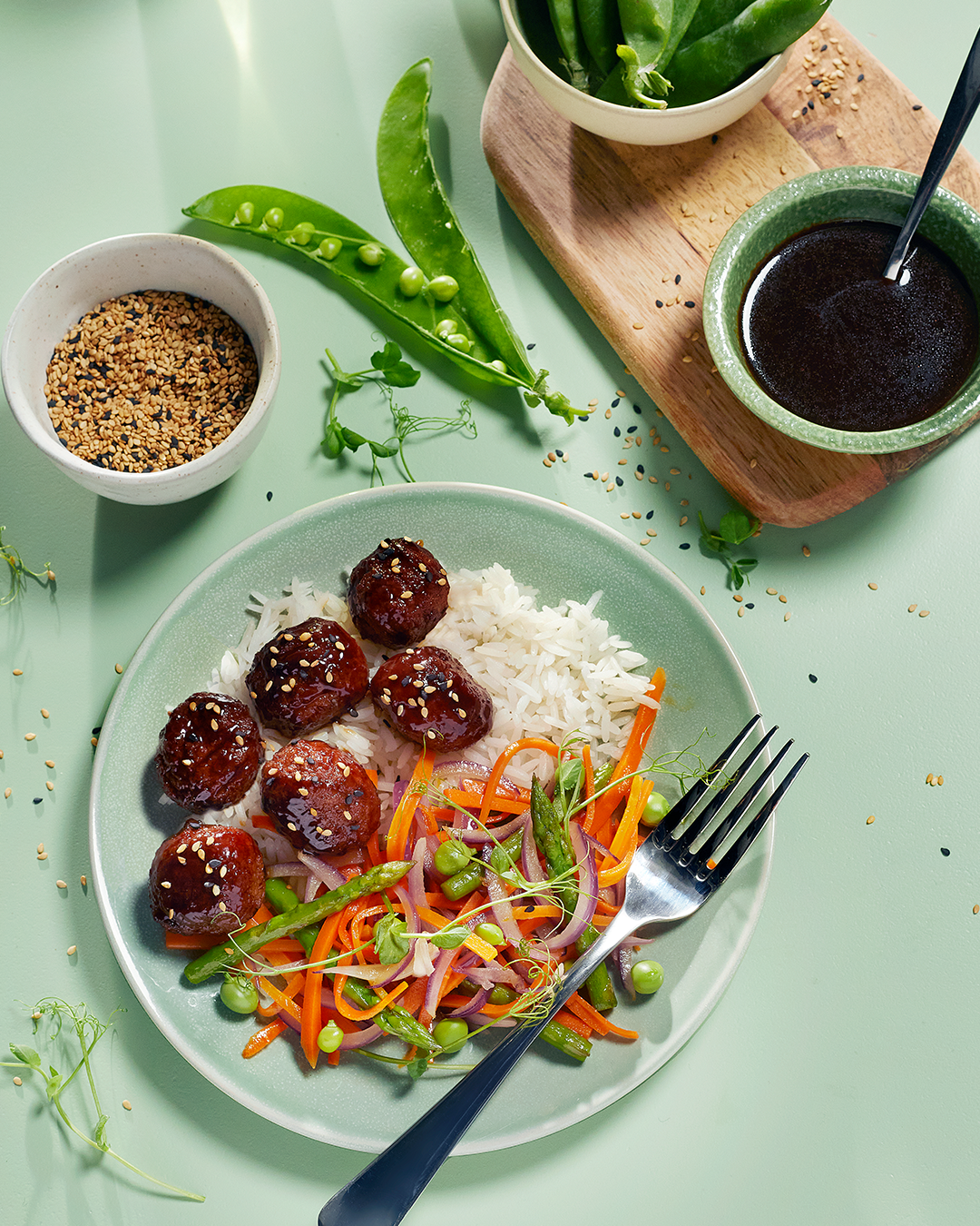 Teriyaki balls with rice &amp; vegetables