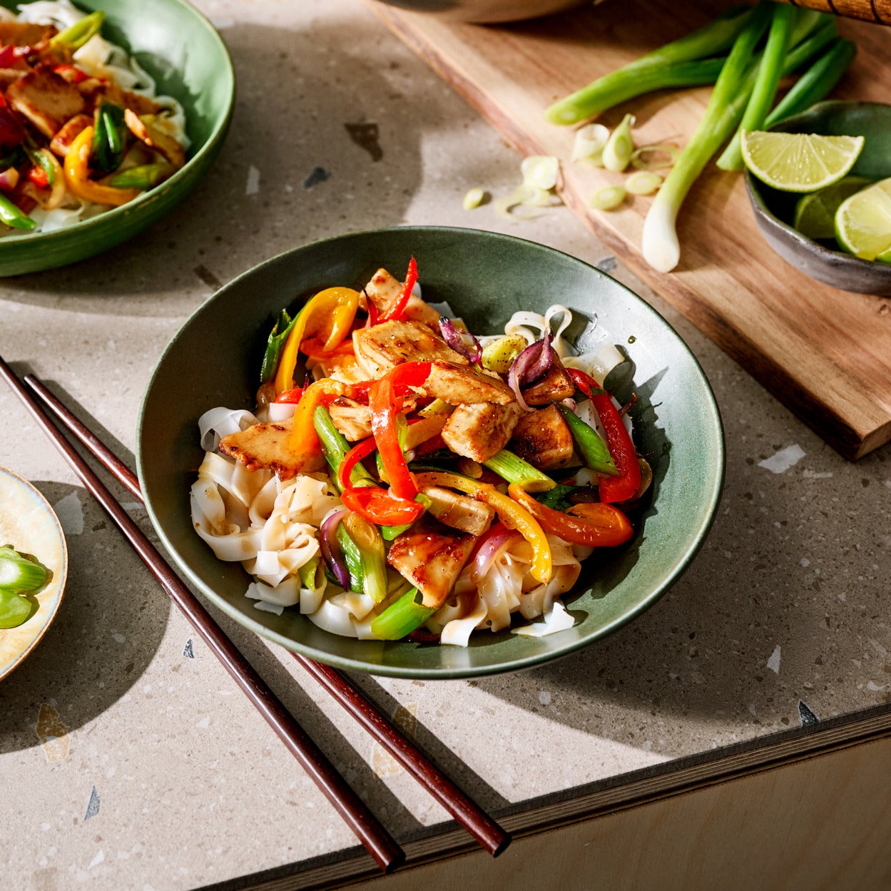 Vegetable noodle stir-fry with vegan fillet pieces Vegetable noodle stir-fry with vegan fillet pieces