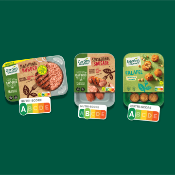 Garden Gourmet Nutriscore, featuring Garden Gourmet Sensational Burger, Sensational Sausage and Falafel Classic