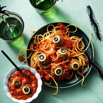 Halloween Spaghetti with Eyeballs and Bloody Sauce
