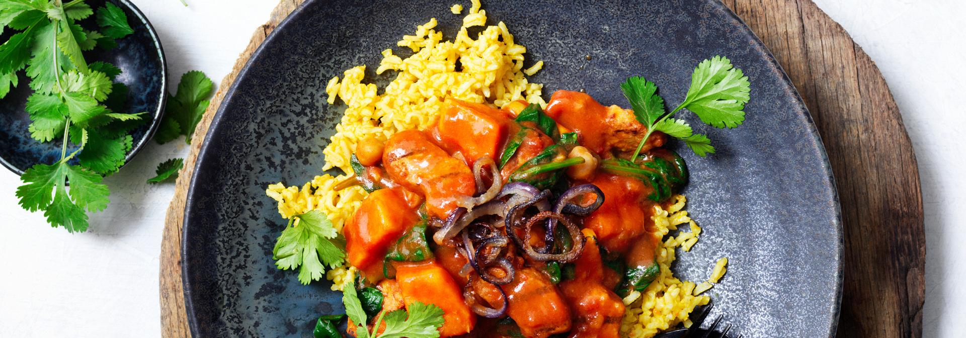 Curry with Chargrilled Pieces, Sweet Potato and Spinach