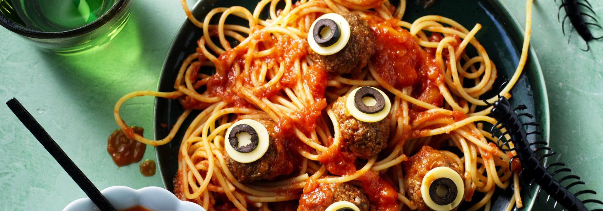 Halloween Spaghetti with Eyeballs and Bloody Sauce