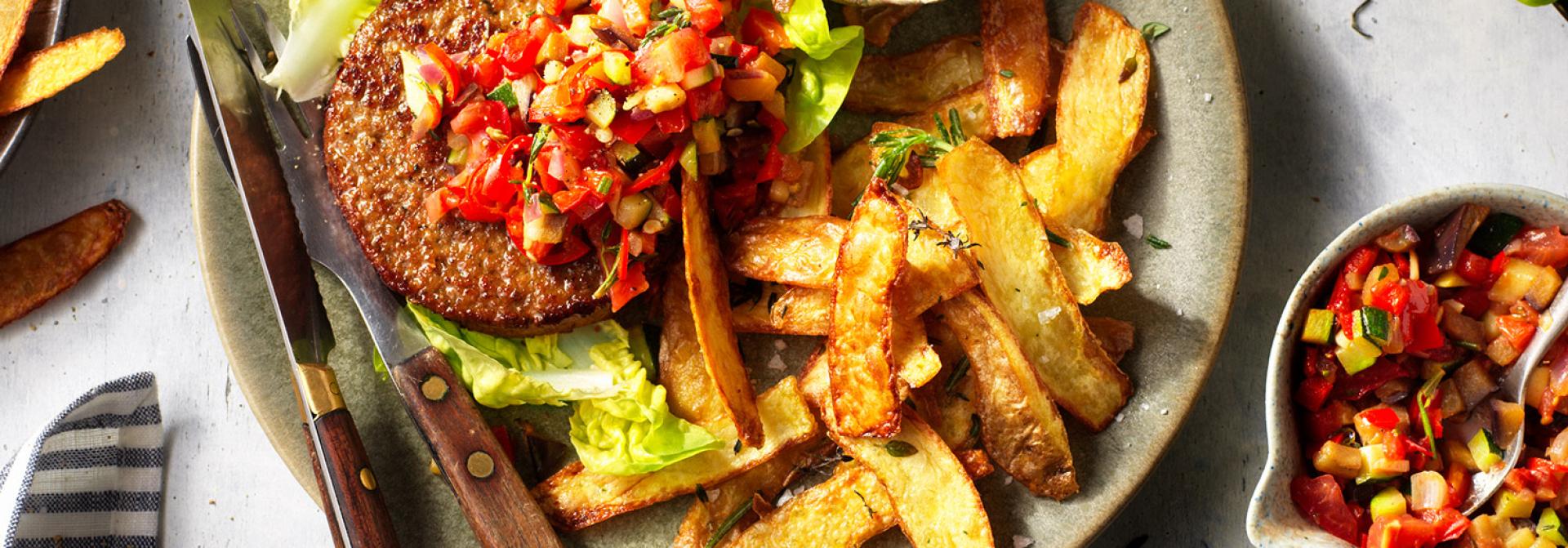 No waste Sensational Burger with Ailoli and Potato Peels