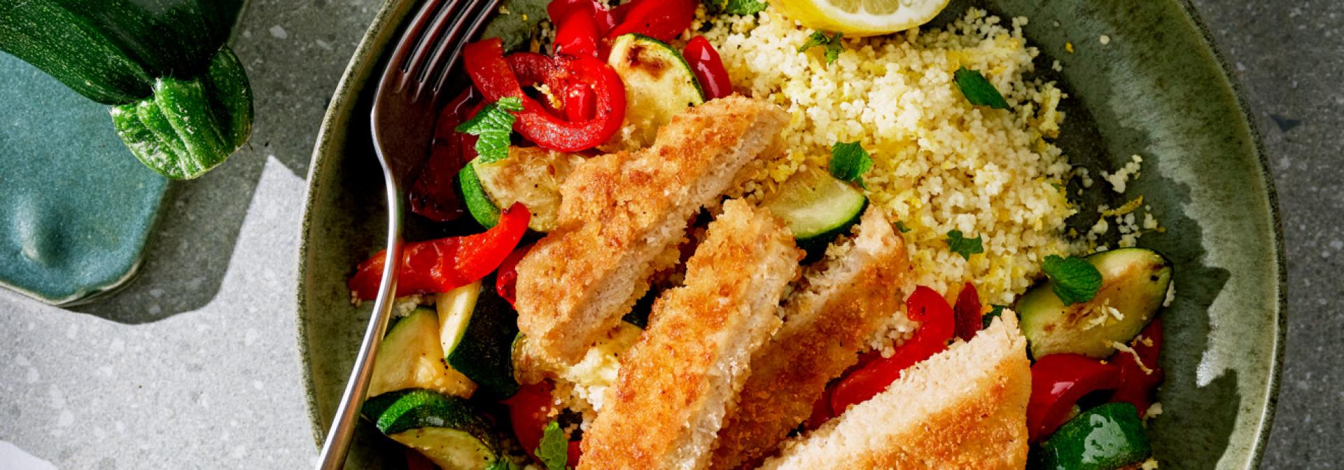 Lemon Couscous with Veggies and Vegan Schnitzel