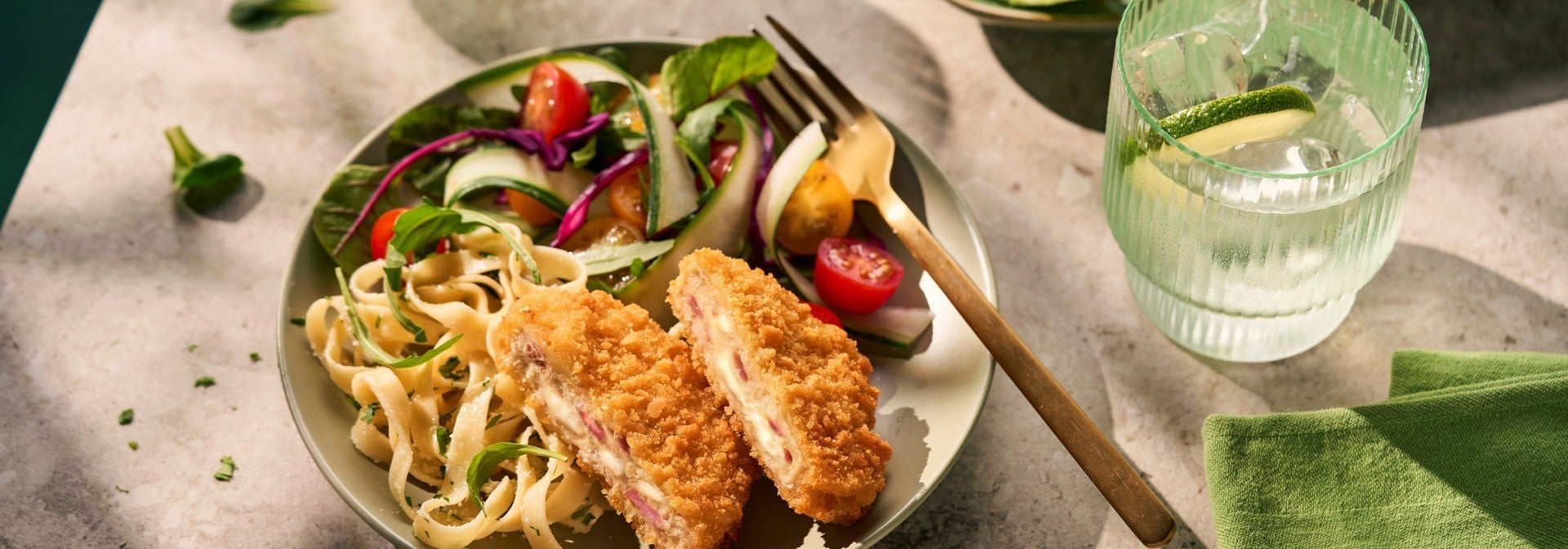 Cordon Bleu with Tagliatelle &amp; Fresh Spring Salad