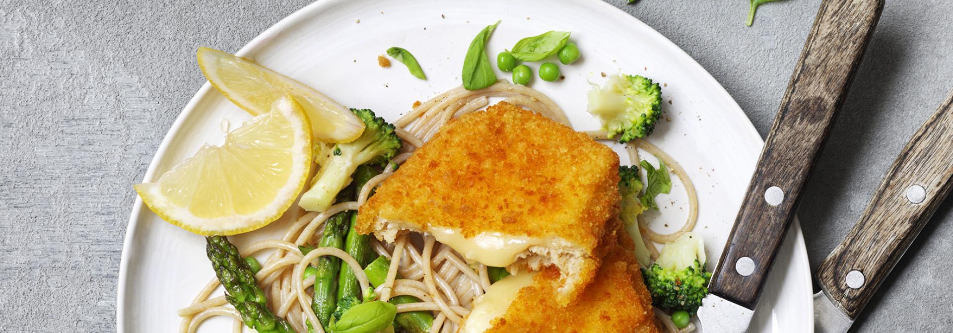 Vegetarian Gouda Cheese Schnitzel with Pasta