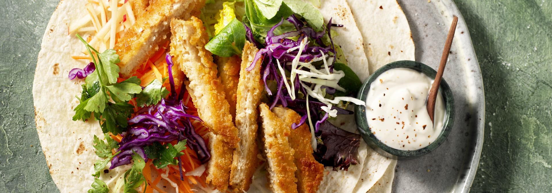 Vegan Schnitzel Wraps with Coleslaw and Spicy Mayo