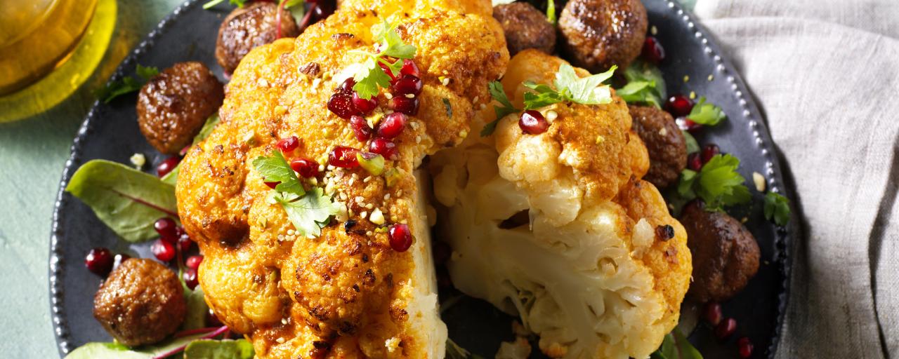 Harissa Roasted Cauliflower with Vegetarian Balls Roasted Cauliflower with Falafel