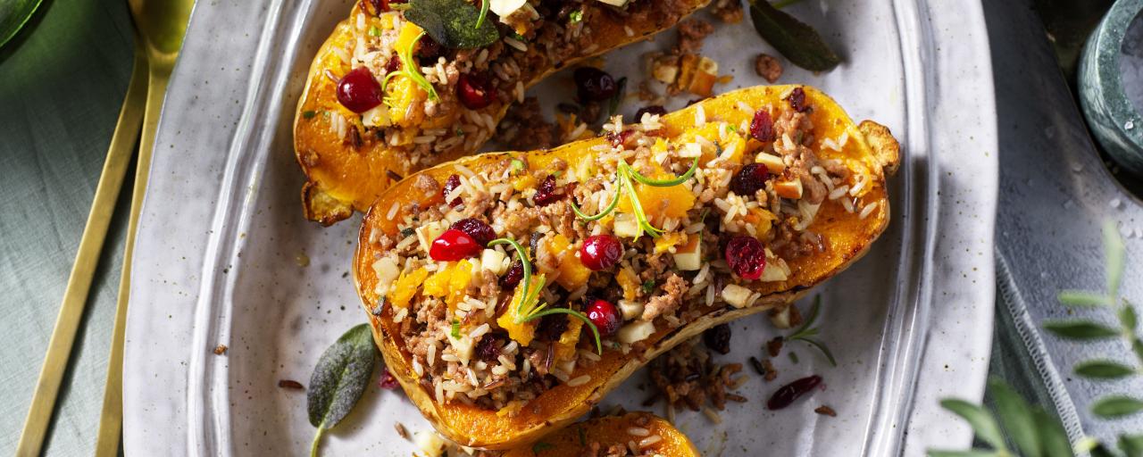 Stuffed Butternut Squash with Sensational Mince Stuffed Butternut Pumpkin with Vegan Mince