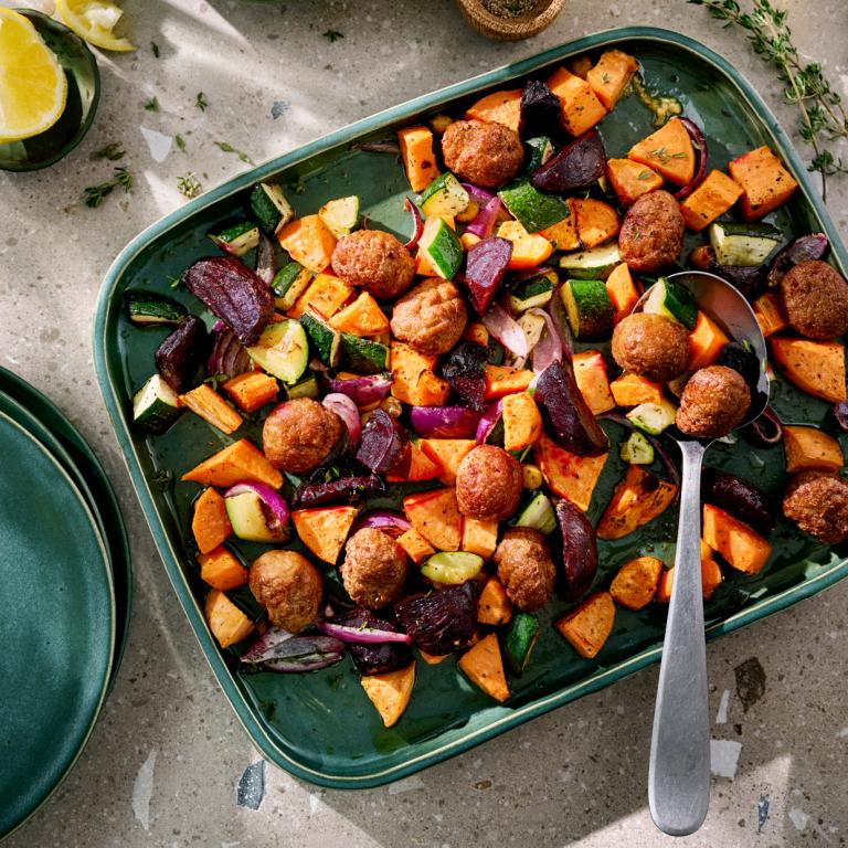 Traybake winter salad with vegan balls