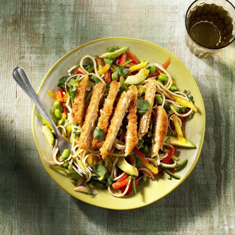 Noodle salad with vegan schnitzel