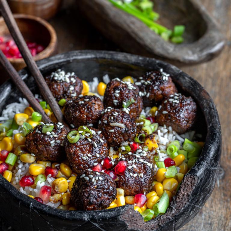 Marinated Veggie Balls with Rice Garden Gourmet Veggie Balls