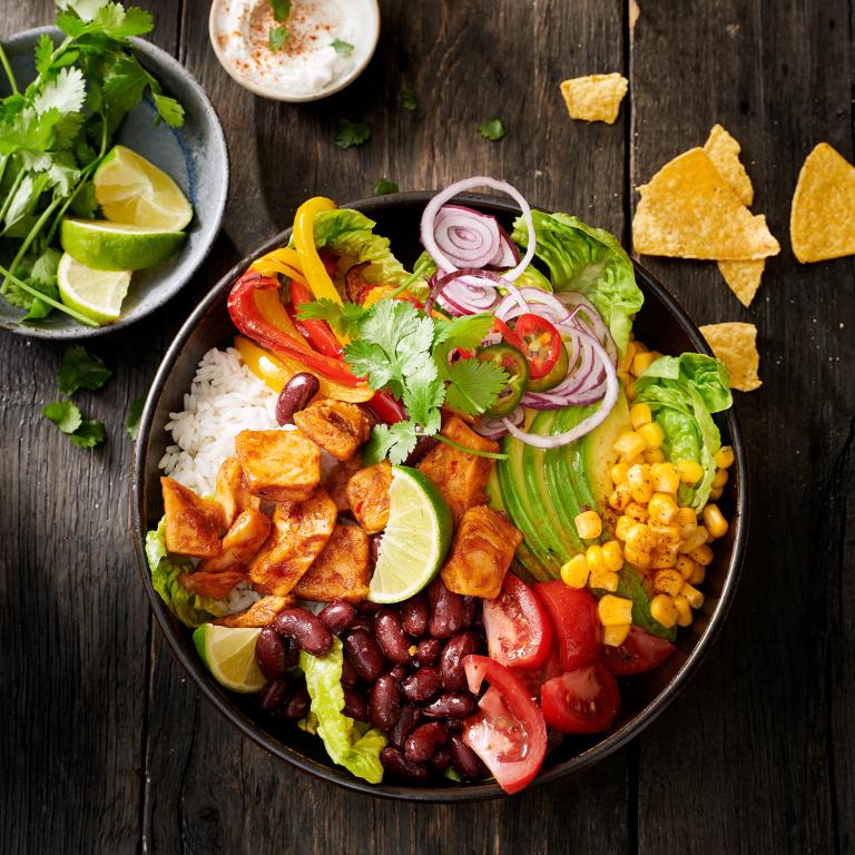 Burrito Bowl with Marinated Pieces Mexican Style Garden Gourmet Mexican Style Bowl