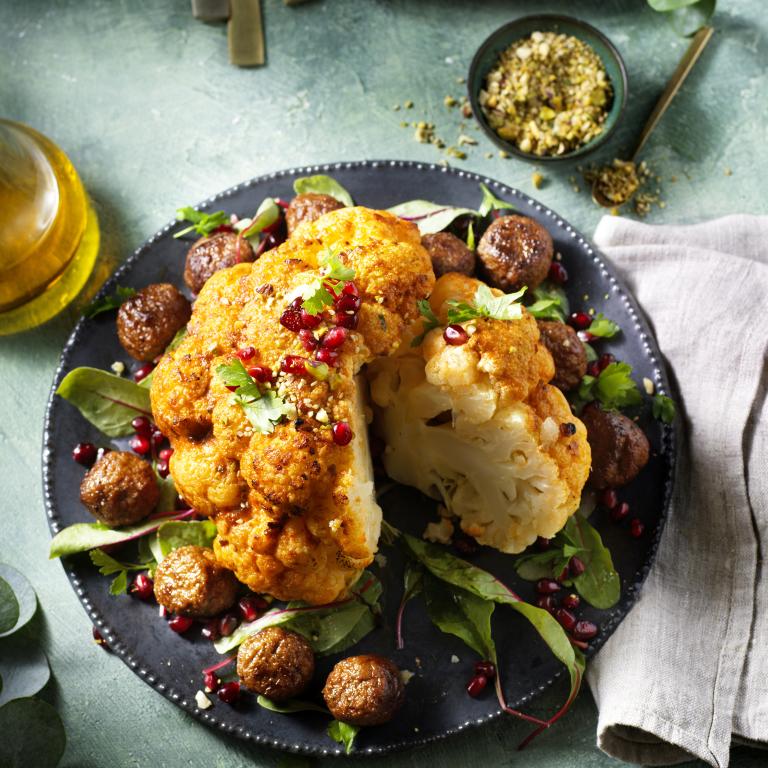 Harissa Roasted Cauliflower with Vegetarian Balls Roasted Cauliflower with Falafel