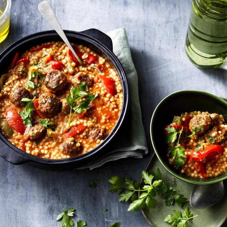 One-Pan Pearl Couscous 'Goulash' One-Pan Pearl Couscous with Goulash