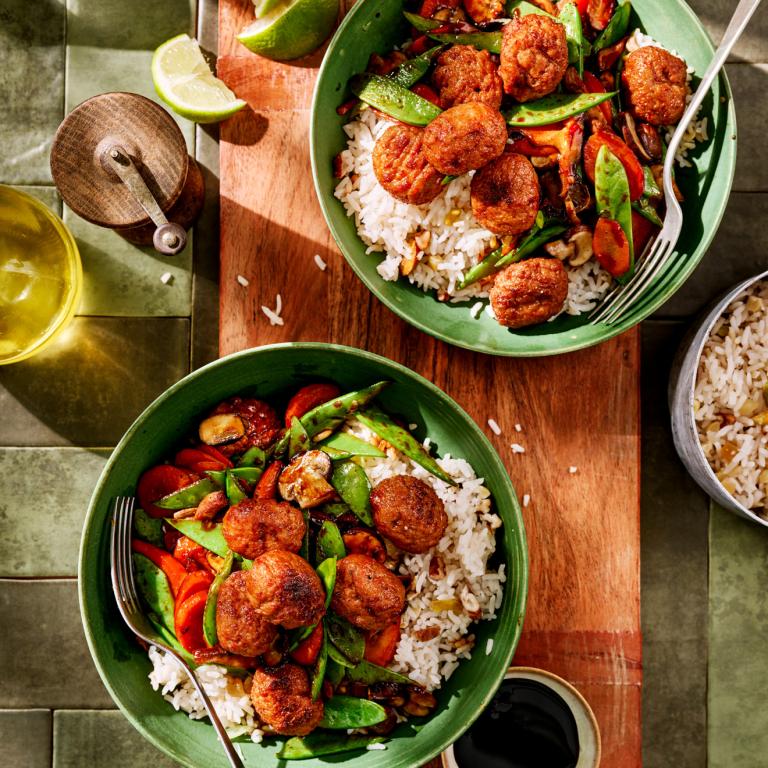 Quick Nut Rice Stir-Fry Bowl with Vegan Balls
