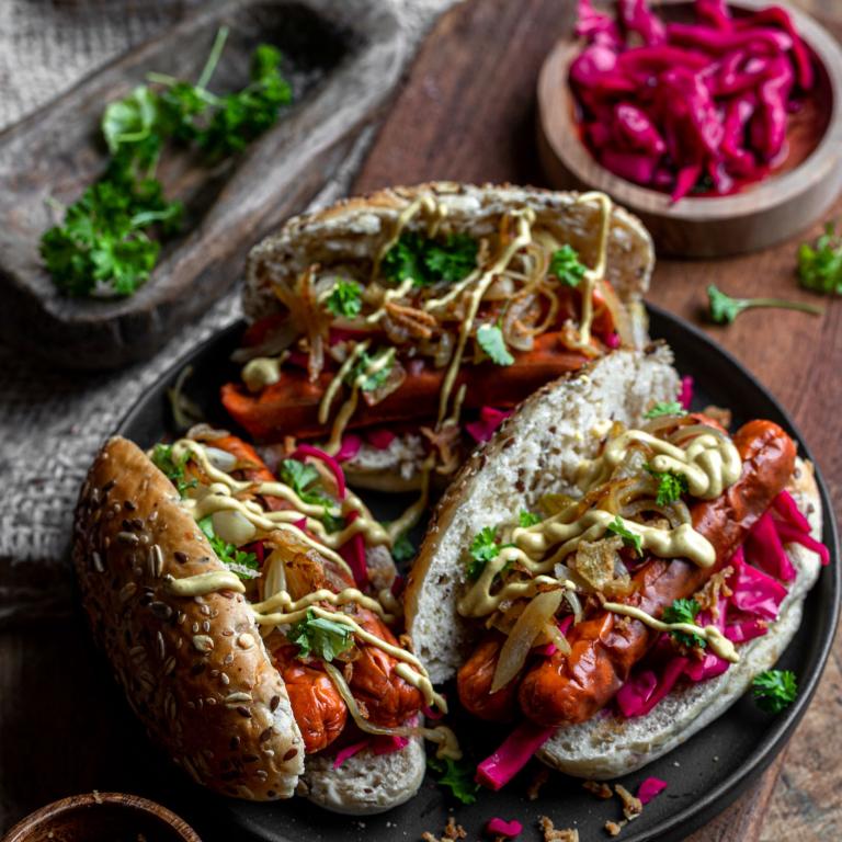 Hotdogs with red cabbage