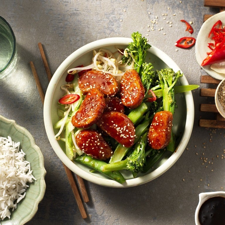 Vegan Glazed Nuggets with Rice and Veggies