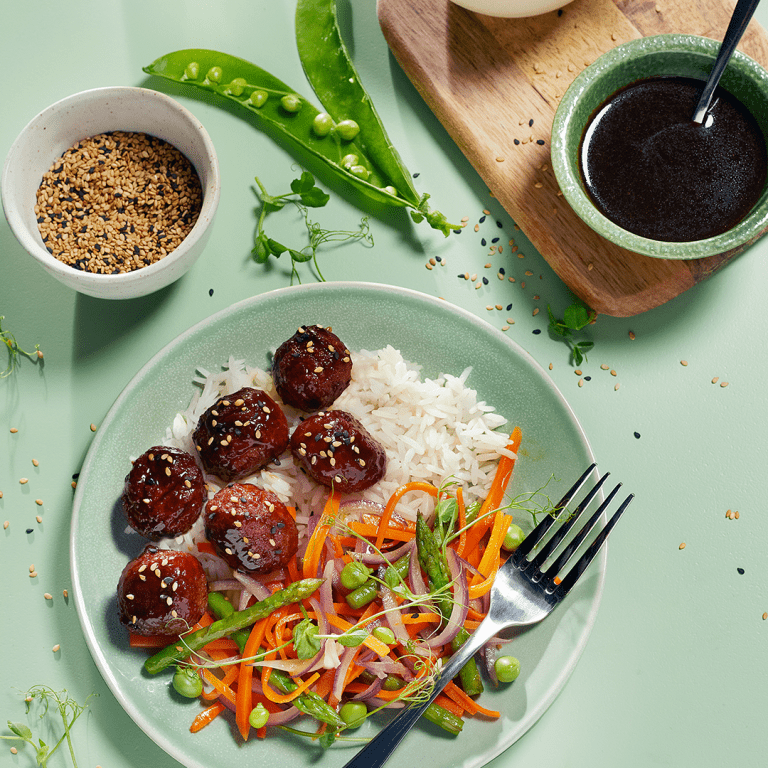 Teriyaki balls with rice &amp; vegetables
