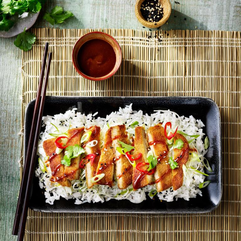 Tonkatsu-style Sensational Schnitzel with rice
